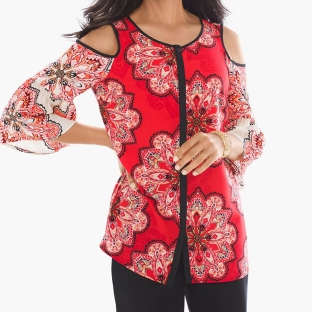 Chicos Cold Shoulder Bell Sleeve Blouse SZ 2 US Size L